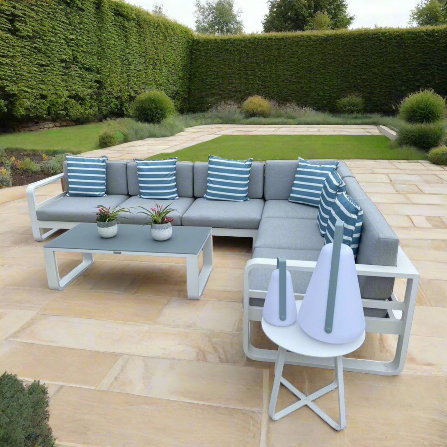 Jati & Kebon Coral Corner 6 Seat Garden Lounge Set - White Aluminium Frame - Grey Sunbrella Cushions