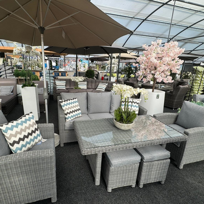 Kensington High 3 Seat Sofa & Armchair Outdoor Dining Set with Stools | Grey | Seats 7